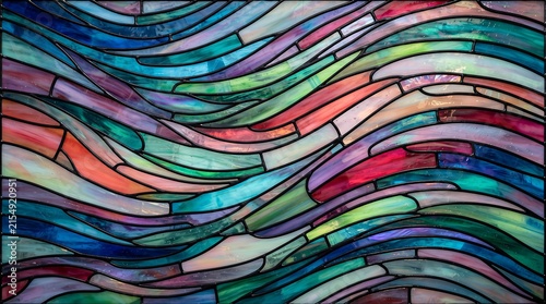 Colorful abstract stained glass panel with flowing wavy lines and a vibrant spectrum of blues greens purples and oranges