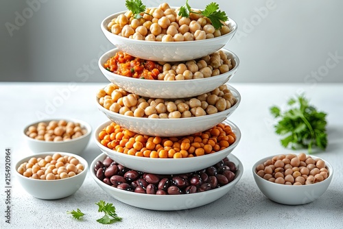 Assorted chickpeas and beans in stacked bowls with fresh parsley on white table, healthy vegan protein food concept