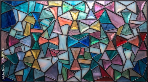 Detailed abstract pattern of colorful stained glass panels featuring geometric shapes and intricate leaded lines creating a mosaic effect