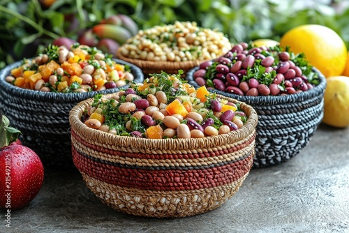 Colorful mixed bean salad in woven baskets with fresh vegetables and greens on a rustic table