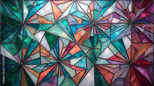 Intricate stained glass panel featuring a geometric abstract design with radiating starburst patterns in a vibrant array of colorful translucent panes