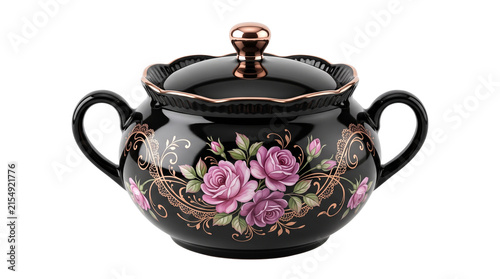 Vintage black porcelain sugar bowl with pink roses, elegant ceramic tea service container, ornate floral pottery with gold trim isolated PNG with Transparent Background