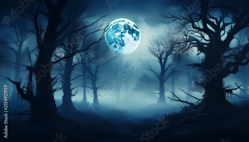gloomy spooky forest trees silhouette landscape with full moon and dark foggy light
