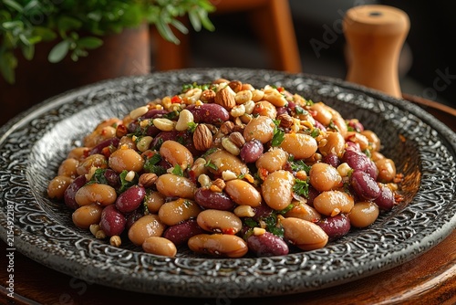 Mixed bean salad with nuts and herbs on ornate plate, healthy vegan meal, protein rich plantbased diet concept