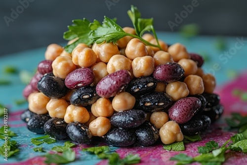 Colorful pile of chickpeas and kidney beans garnished with fresh parsley on a blue plate