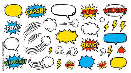 Comic Book Speech Bubbles and Action Text Elements, Pop Art Cartoon Boom Clouds, Speed Lines and Lightning Bolts, Vector Illustration Set for Graphic Design