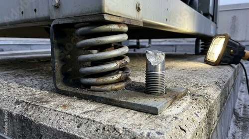 Compressed vibration isolator spring with sheared mounting bolt