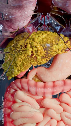 Fatty Liver (Steatosis): Lipid Droplet Accumulation, Hepatic Steatosis: Fatty Liver Disease, Fat Deposits in Liver Cells (Hepatocytes), 3d render	
