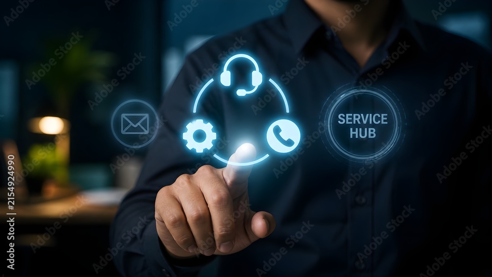 Obraz premium Technical Support Service Hub and 24/7 Call Center Assistance Concept
