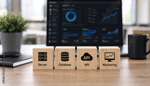 Wooden blocks with digital infrastructure icons for server database api and monitoring management concepts on office desk