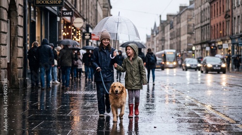Senior couple walking golden retriever on rainy city street under shared umbrella