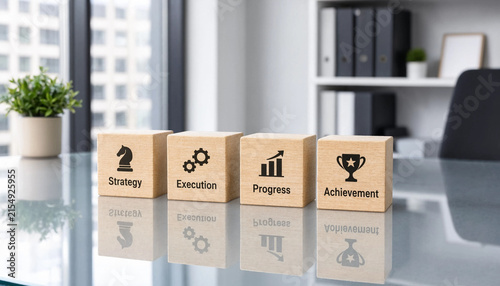 Wooden blocks with business icons for strategy execution progress and achievement on office desk