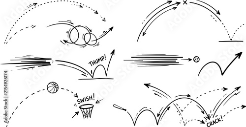 Sport Ball Trajectory Lines Hand Drawn Doodle Vector Set Motion Arcs and Speed Swooshes