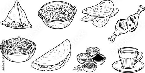 Indian Cuisine Food Hand Drawn Doodle Vector Set Samosa Curry Naan Bread and Spice Bowl Line Art