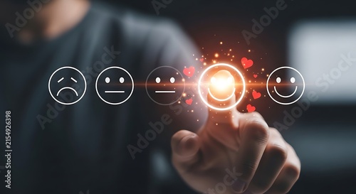 Finger selecting a happy face icon from a line of emoticons, representing positive customer feedback