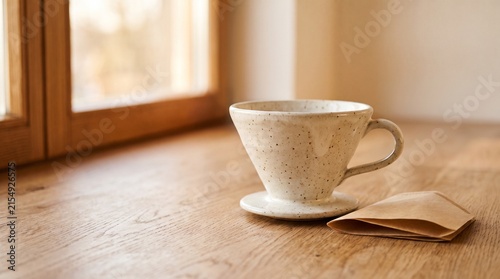 Coffee cup on wooden table with tea bag beside window  