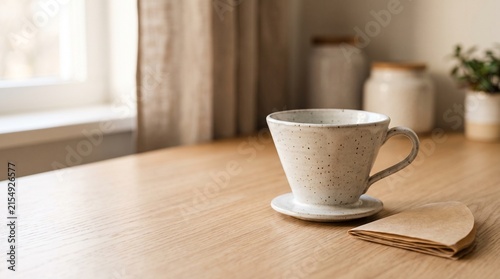 Ceramic coffee cup on a wooden table with a napkin and natural light  