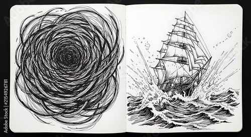 Ink drawings of a swirling vortex and a vintage sailing ship battling rough seas in a sketchbook