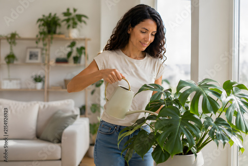 Plano medio de mujer sonriente regando una planta de interior monstera deliciosa con regadera en salón moderno con luz natural de ventana.