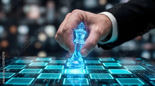 A hand moving a glowing blue digital chess king piece on a high-tech virtual chessboard.
