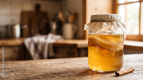 Homemade honey jar with slices of ginger on a rustic kitchen table  