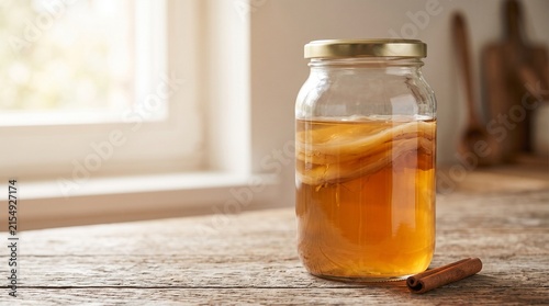 Jar of spiced tea with cinnamon stick on rustic wooden table  