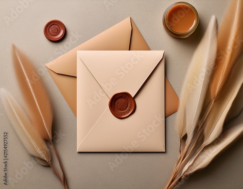 flatlay of a neutral colored card and envelope with a wax seal