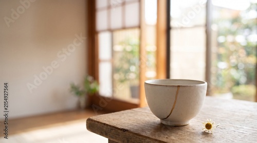 White ceramic cup on wooden table in bright and airy Japanese room  
