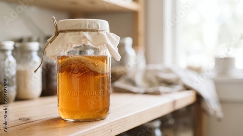 Jar of homemade honey on a wooden shelf in a cozy kitchen  