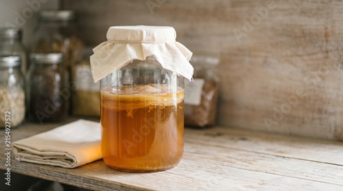 Jar of honey on a wooden shelf with a cloth cover and napkin  