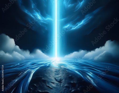 glowing vertical beam of blue light pierces through dark swirling clouds creating a powerful impact on the solid ground surface