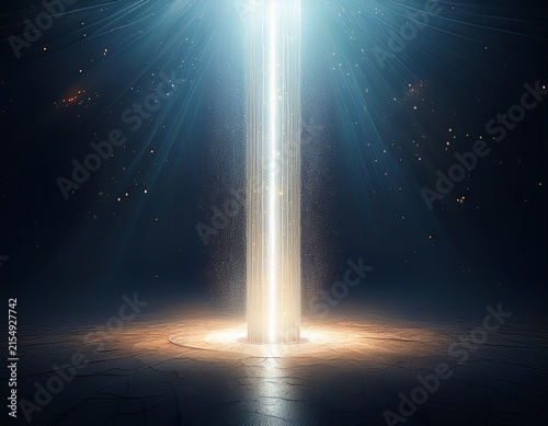 a tall glowing vertical pillar of intense white light standing on a textured dark surface with shimmering floating dust particles