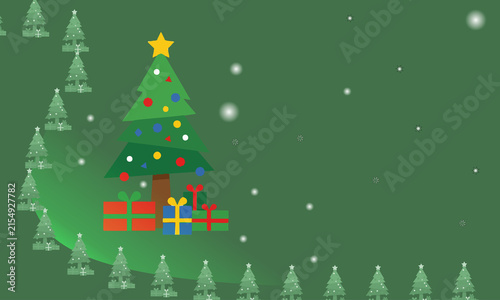 Decorated christmas tree with colorful gift boxes on a green snowy winter background