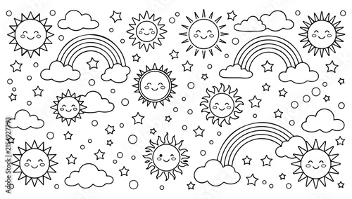 Hand drawn black and white kawaii sun and rainbow clouds for children coloring book pages, cute doodle weather icons illustration