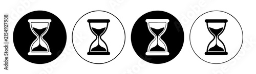 Sand timer icons presented in circular black and outline frames representing duration and passage of time.