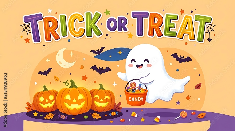 Fototapeta premium Cute cartoon ghost holding a candy bucket with pumpkins for halloween trick or treat celebration