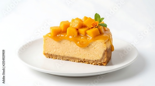 Slice of creamy mango cheesecake topped with fresh fruit on a white plate