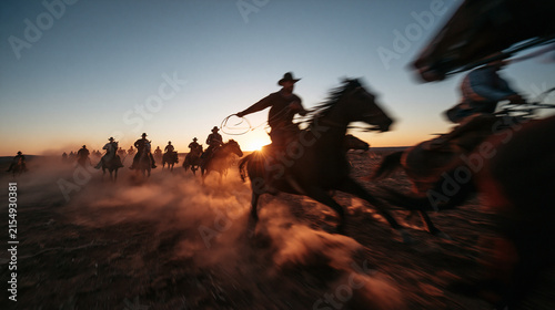 Cowboys Riding Horses Across Dusty Plains at Sunset