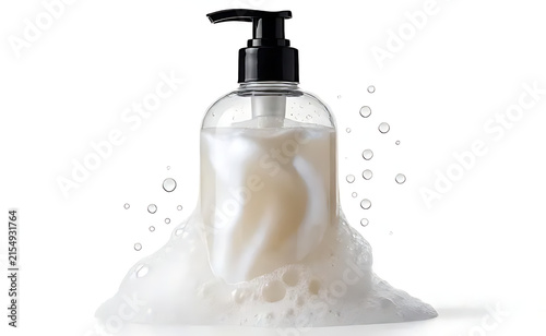 Transparent shampoo bottle filled with pearlescent shampoo, isolated on pure white background