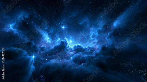 Deep Blue Cosmic Nebula with Bright Glowing Stars