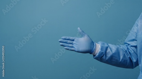 A healthcare worker in blue gloves presents an open palm, invitingly gesturing in a clinical environment.