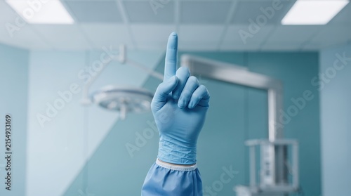 A gloved hand wearing blue scrubs points an index finger straight up inside a sterile medical facility.