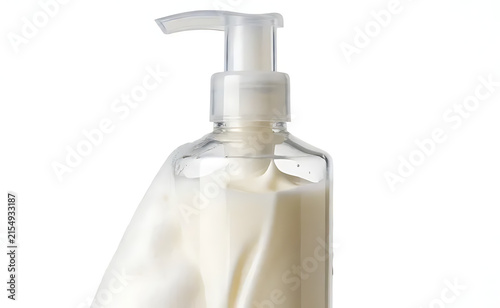 Transparent body lotion pump bottle filled with creamy white lotion, isolated on pure white background