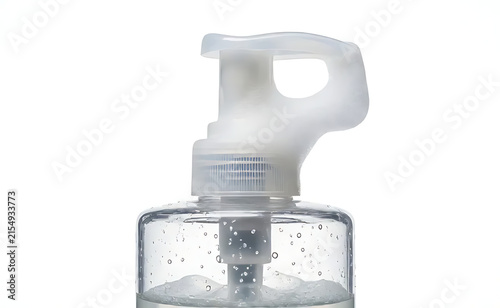 Transparent liquid soap bottle with foaming pump, isolated on pure white background