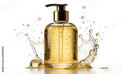 Transparent bath oil bottle filled with golden liquid, isolated on pure white background
