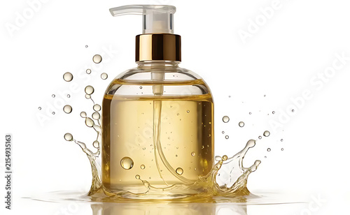 Transparent bath oil bottle filled with golden liquid, isolated on pure white background