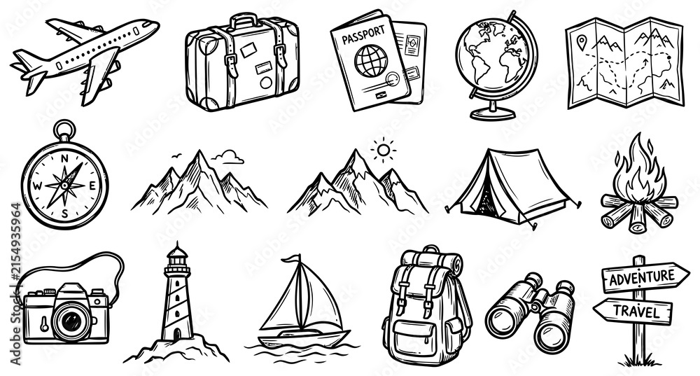 Fototapeta premium A collection of hand drawn travel icons featuring adventure equipment and tourism symbols for vacation design projects