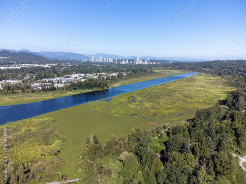 Aerial drone view of Burnaby, Greater Vancouver, on a beautiful sunny day.