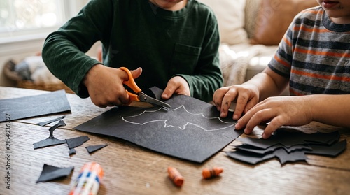 Children cutting black paper bat shapes for Halloween craft at wooden table