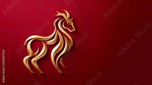 golden goat metal relief symbol of chinese new year zodiac on red background, copy space